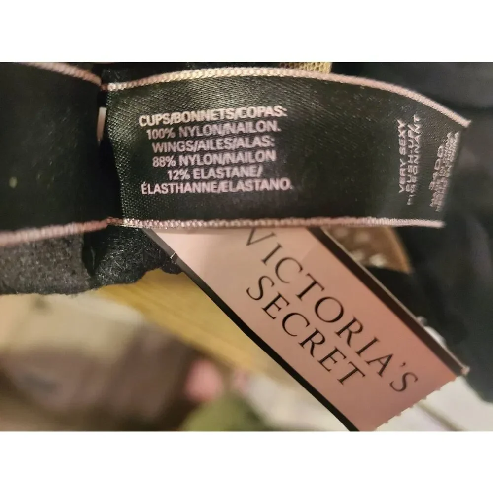 NWT Victoria Secret Very Sexy Push-Up Bra Size 34DD Black Lace Over Nude.